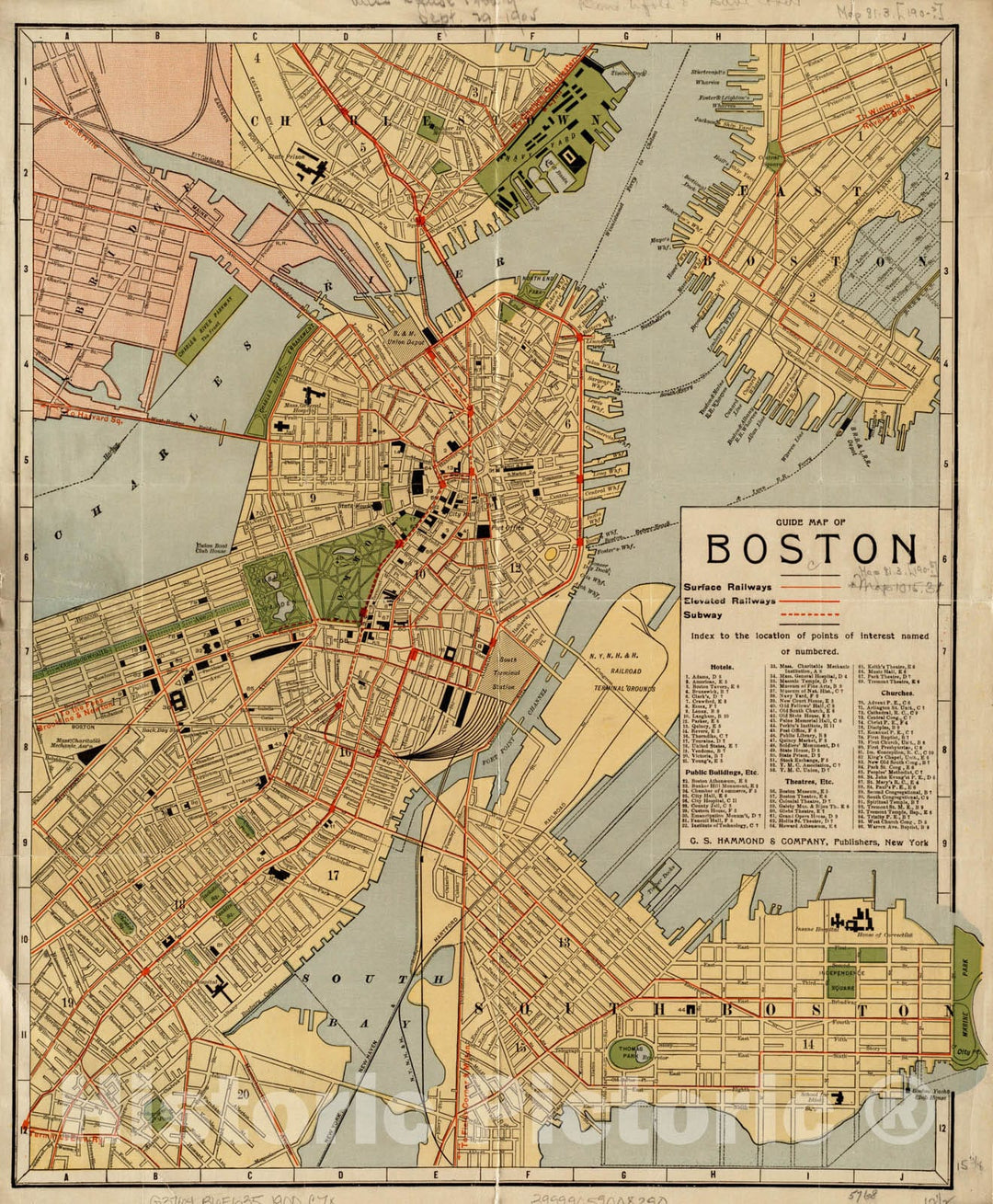 Historical Map, 1900-1905 Guide map of Boston, Vintage Wall Art