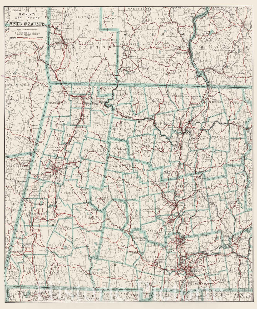 Historical Map, 1915 Hammond's New Road map of Western Massachusetts, Vintage Wall Art