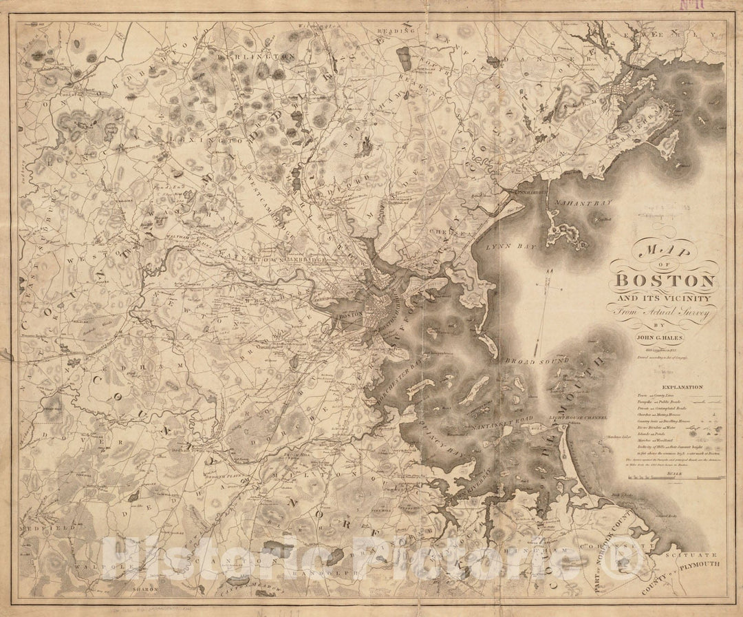 Historical Map, 1833 Map of Boston and its Vicinity from Actual surveys, Vintage Wall Art