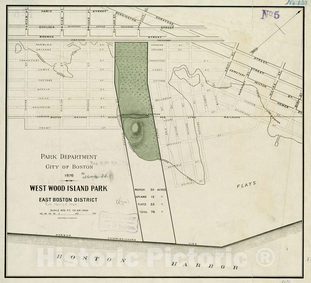 Historical Map, 1876 West Wood Island Park, East Boston District, Vintage Wall Art