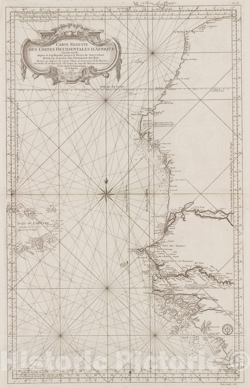 Historical Map, 1765 Carte reduite des costes occidentale d'Afrique : seconde feuille, depuis le Cap Bojador jusqu' a la Riviere de Sierra Leona, pour le service des Vaisseaux du Roy, Vintage Wall Art