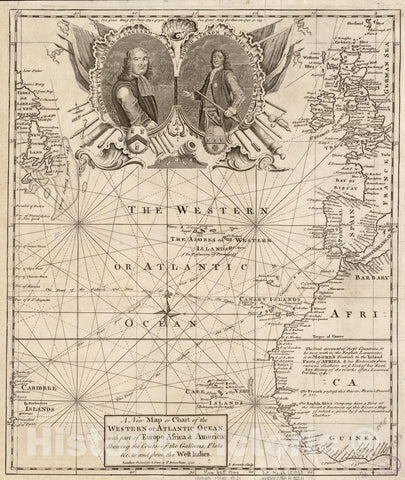 Historical Map, 1740 A New map or Chart of The Western or Atlantic Ocean, with pof Europe Africa & America : Showing The Course of galleons, Flota et Cetera, Vintage Wall Art