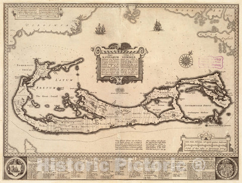 Historical Map, c.1626 Mappa astivarum insularum alias Bermudas dictarum ad ostia Mexicaniaccurate descr = A Mapp of the Sommer Islands once called the Bermudas, Vintage Wall Art