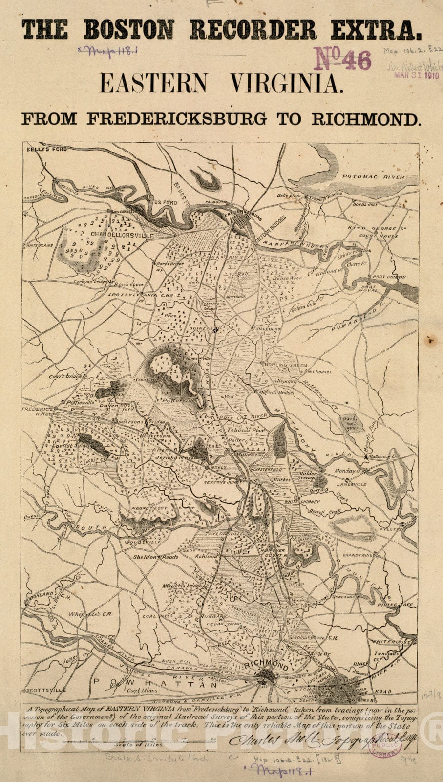 Historical Map, 1860-1869 Eastern Virginia from Fredericksburg to Richmond, Vintage Wall Art