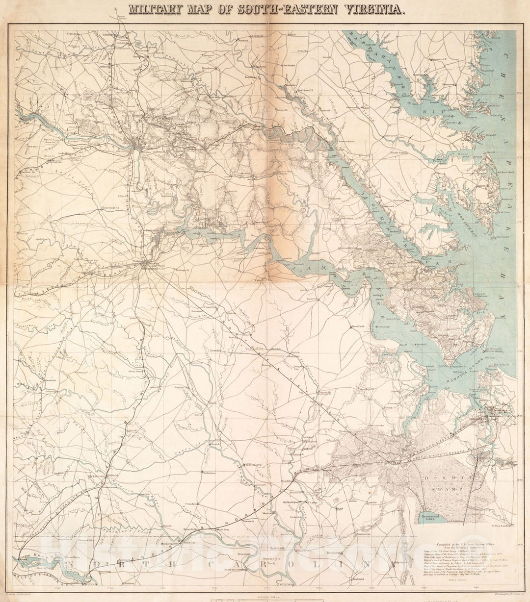 Historical Map, 1862 Military map of South-Eastern Virginia, Vintage Wall Art