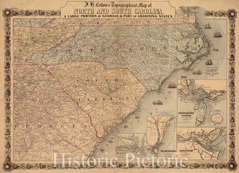 Historical Map, 1861 J.H. Colton's Topographical map of North and South Carolina : a Large Portion of Georgia & Part of adjoining States, Vintage Wall Art