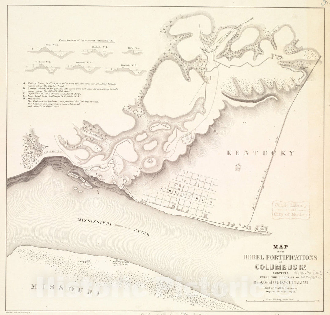 Historical Map, 1862 Map of The Rebel fortifications at Columbus, Ky, Vintage Wall Art