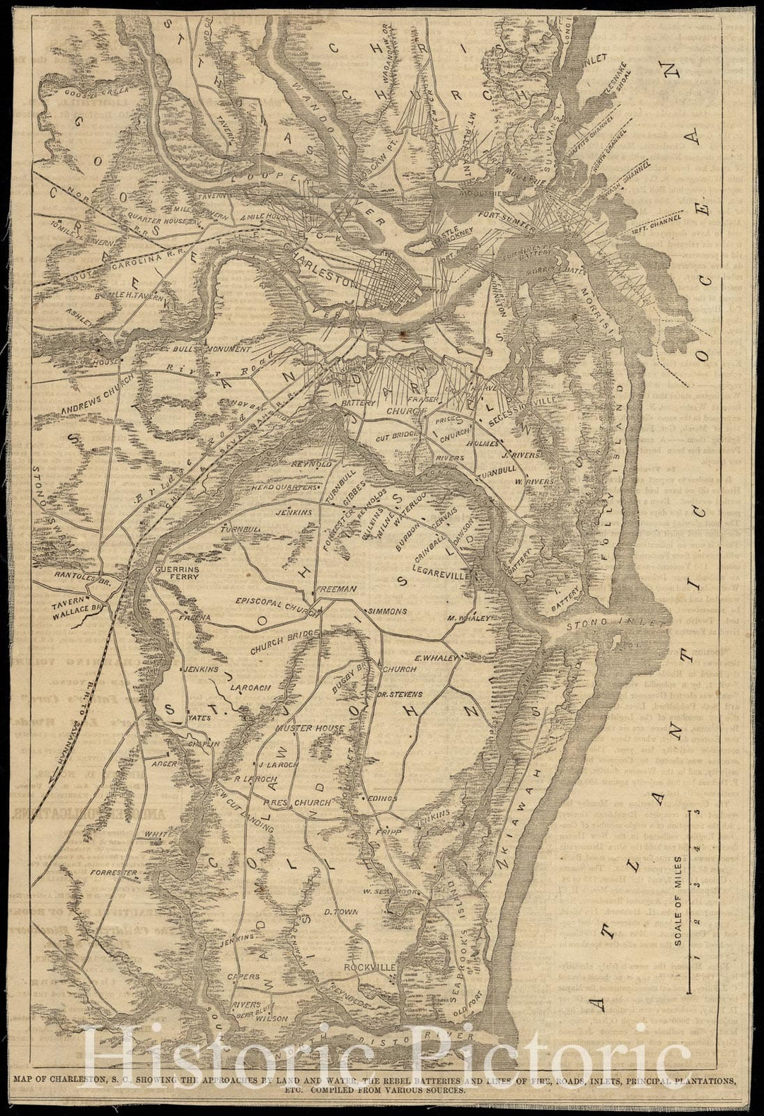 Historical Map, 1863 Map of Charleston, S.C, Showing The approaches by Land and Water, The Rebel Batteries and Lines of fire, Roads, inlets, Principal Plantations, etc, Vintage Wall Art