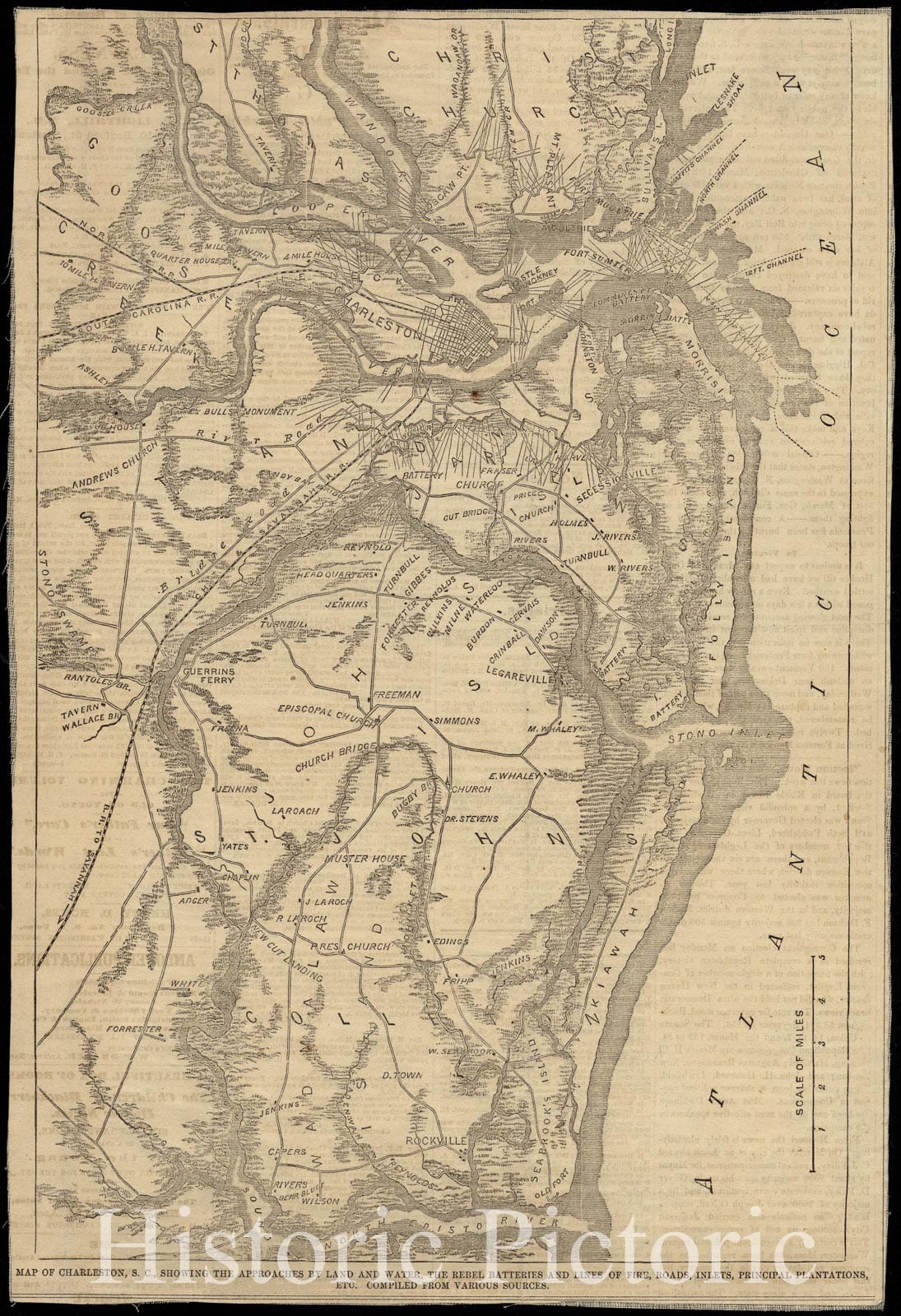 Historical Map, 1863 Map of Charleston, S.C, Showing The approaches by Land and Water, The Rebel Batteries and Lines of fire, Roads, inlets, Principal Plantations, etc, Vintage Wall Art