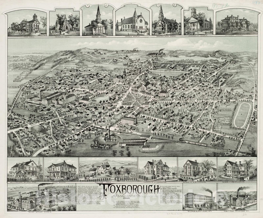 Historical Map, Foxborough, Massachusetts : 1888, Vintage Wall Art