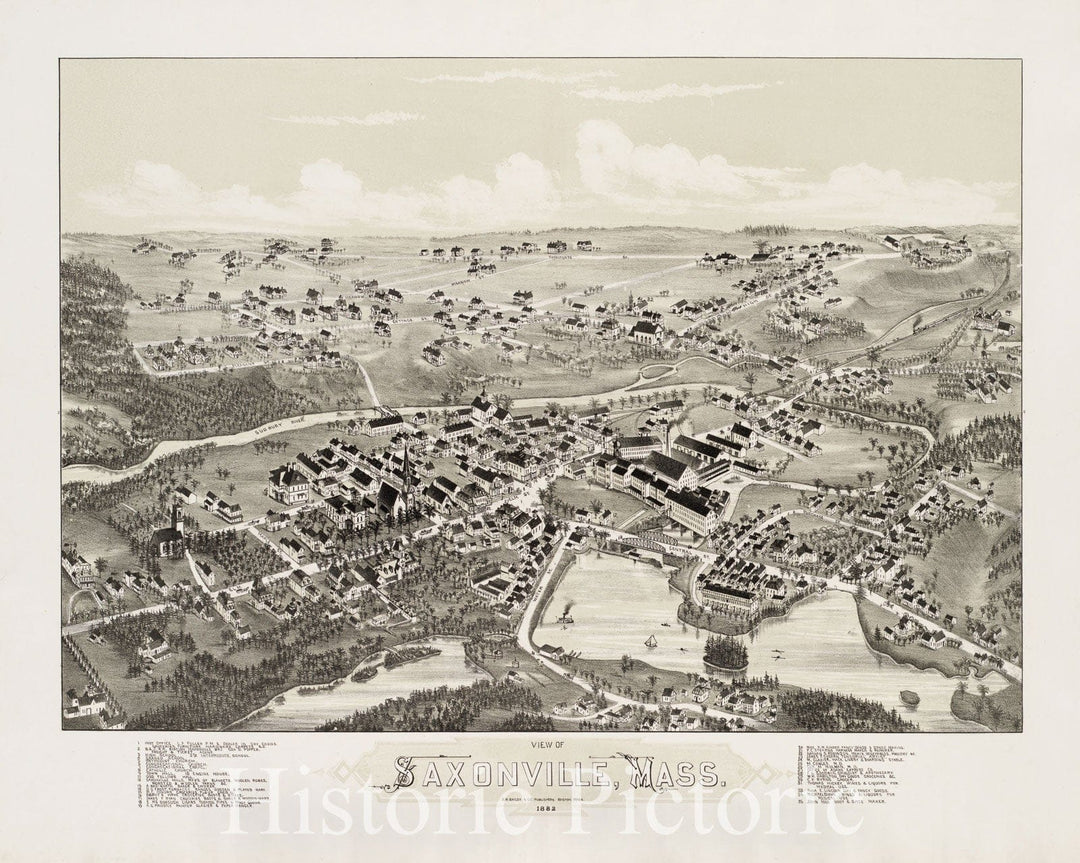 Historical Map, 1882 View of Saxonville, Mass, Vintage Wall Art