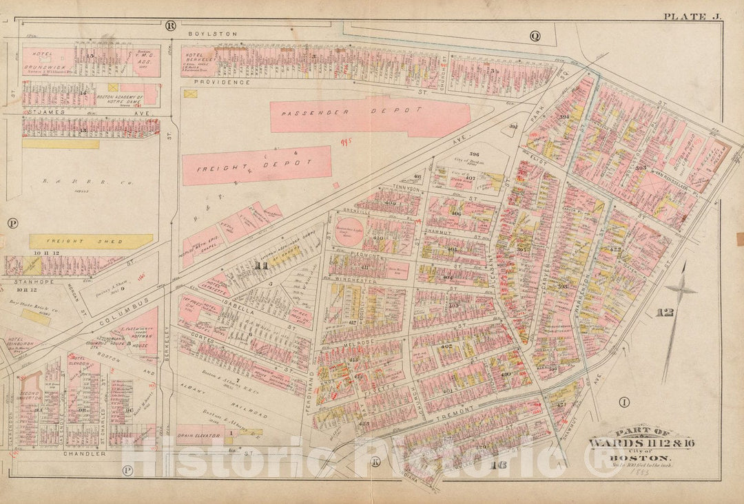 Historical Map, 1883 Atlas of the city of Boston : city proper : plate J, Vintage Wall Art