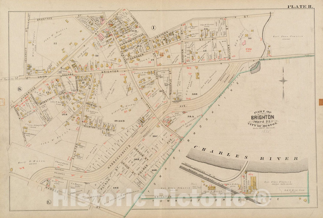 Historical Map, 1885 Atlas of The City of Boston : Charlestown and Brighton : Plate H, Vintage Wall Art