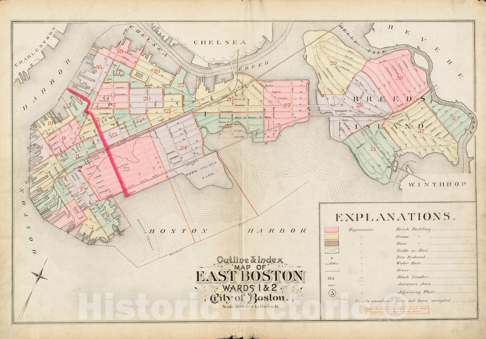 Historical Map, 1892 Outline & index map of East Boston, wards 1 & 2, city of Boston, Vintage Wall Art