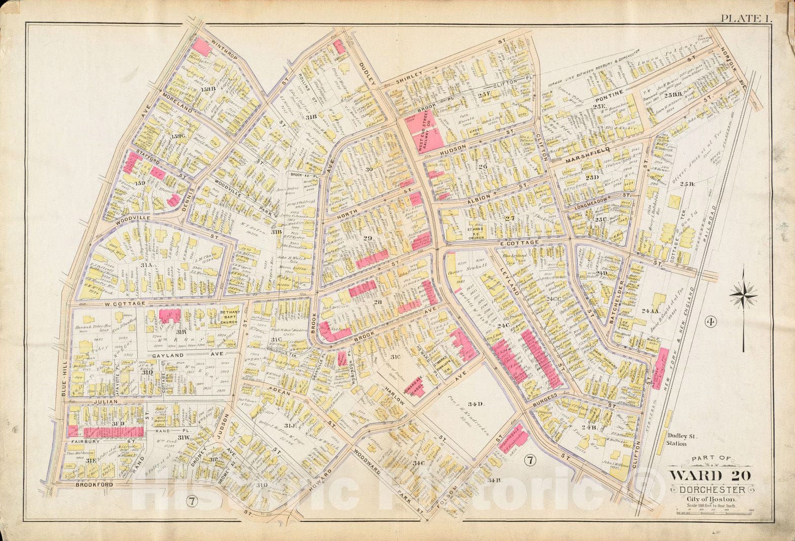 Historical Map, 1894 Atlas of The City of Boston : Dorchester, Mass. : Plate 1, Vintage Wall Art