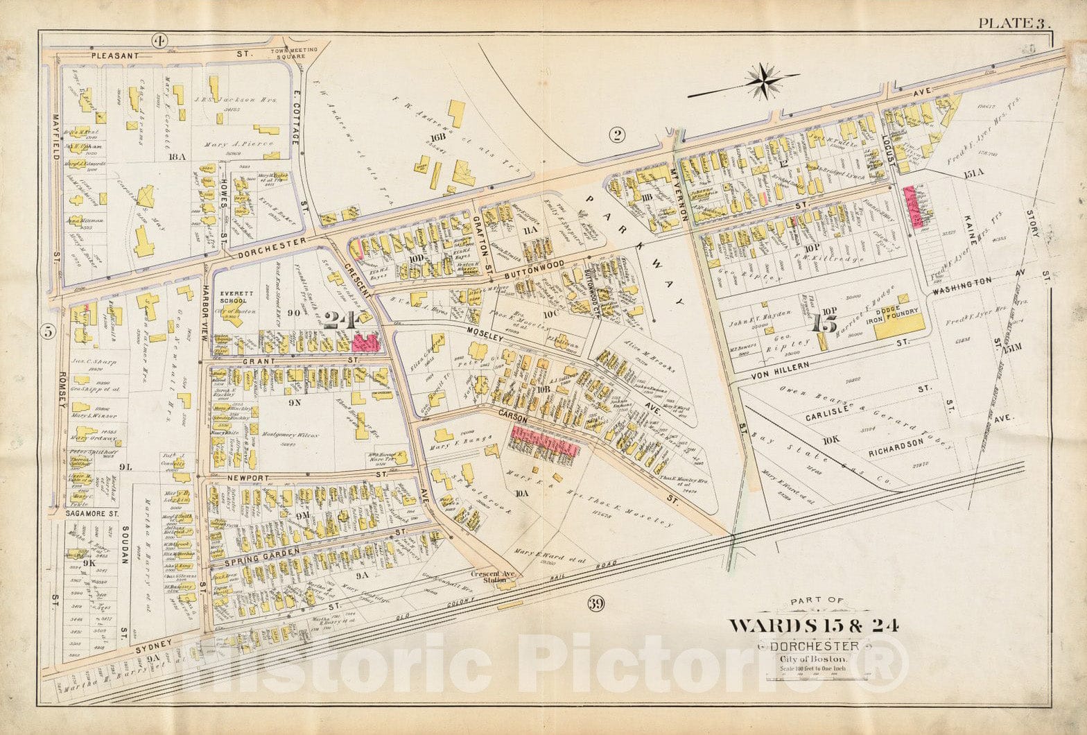Historical Map, 1894 Atlas of The City of Boston : Dorchester, Mass. : Plate 3, Vintage Wall Art
