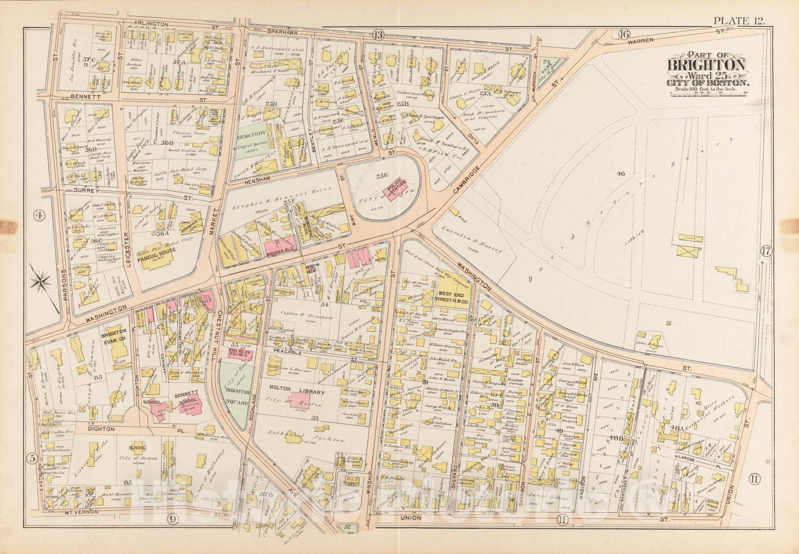 Historical Map, 1897 Atlas of The City of Boston, Brighton : Plate 12, Vintage Wall Art