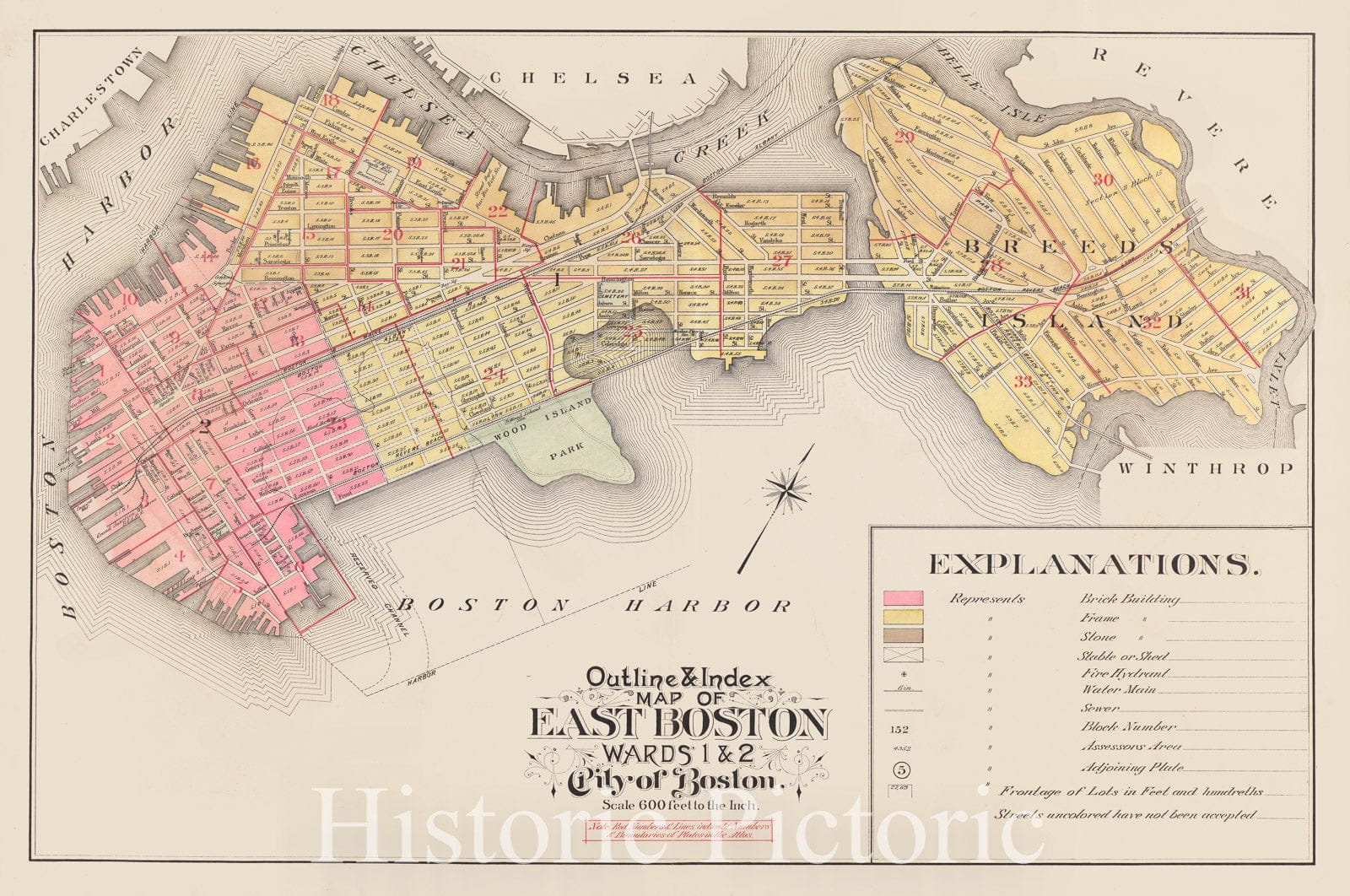 Historical Map, 1901 Outline & index map of East Boston, wards 1 & 2, city of Boston, Vintage Wall Art