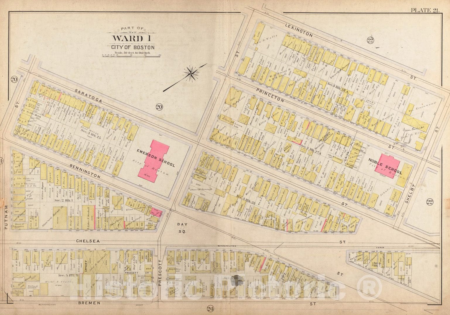 Historical Map, 1901 Atlas of The City of Boston, East Boston : Plate 21, Vintage Wall Art