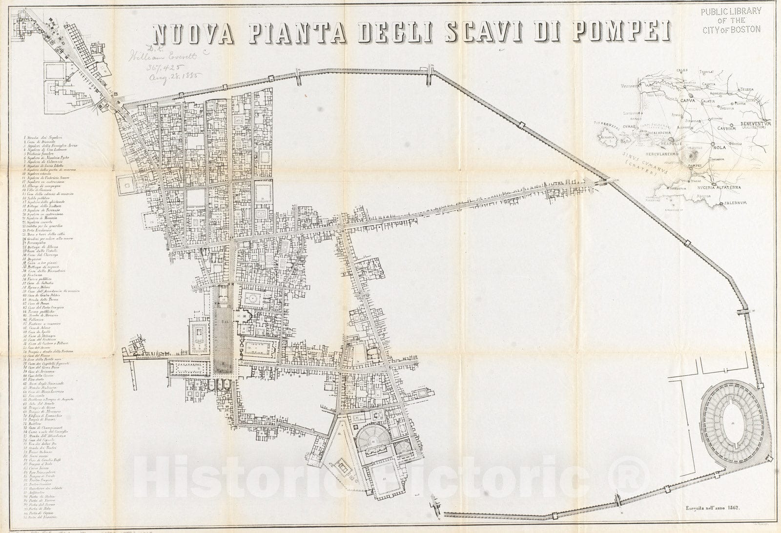 Historical Map, 1862 Nuova pianta degli scavi di Pompei, Vintage Wall Art