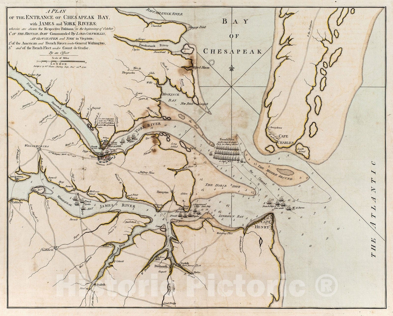 Historical Map, 1781 A Plan of The Entrance of Chesapeak Bay, with James and York Rivers : wherein are Shown The respective Positions (in The Beginning of October), Vintage Wall Art