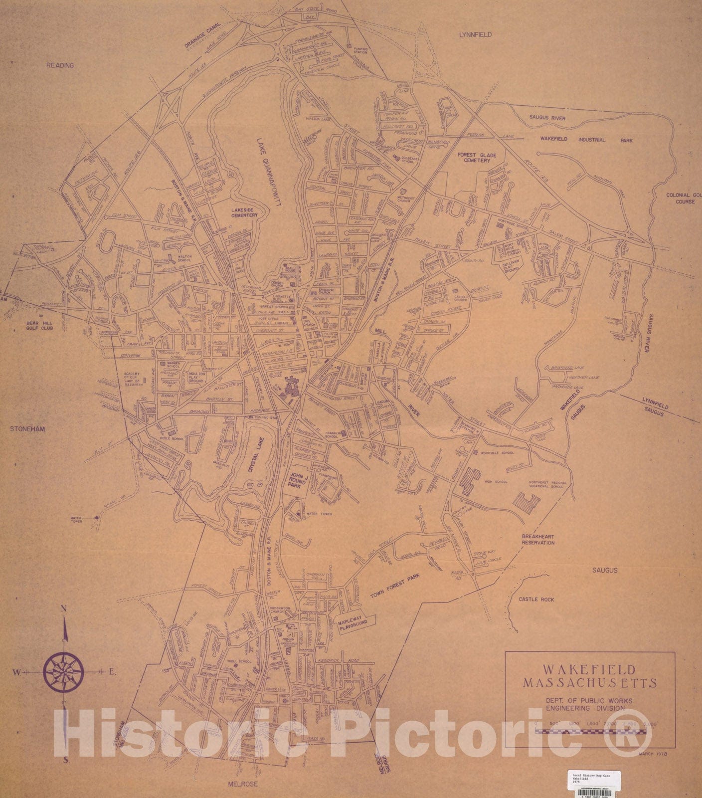 Historical Map, 1978 Wakefield, Massachusetts, Vintage Wall Art
