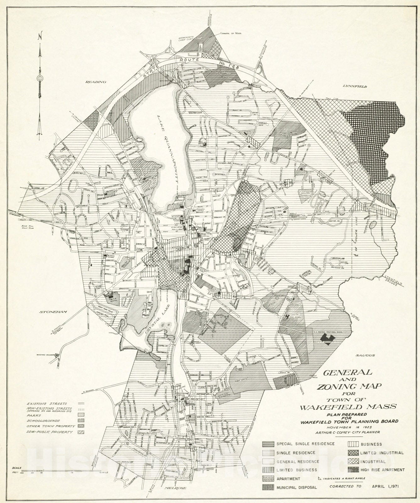 Historical Map, 1971 General and zoning map for Town of Wakefield Mass, Vintage Wall Art