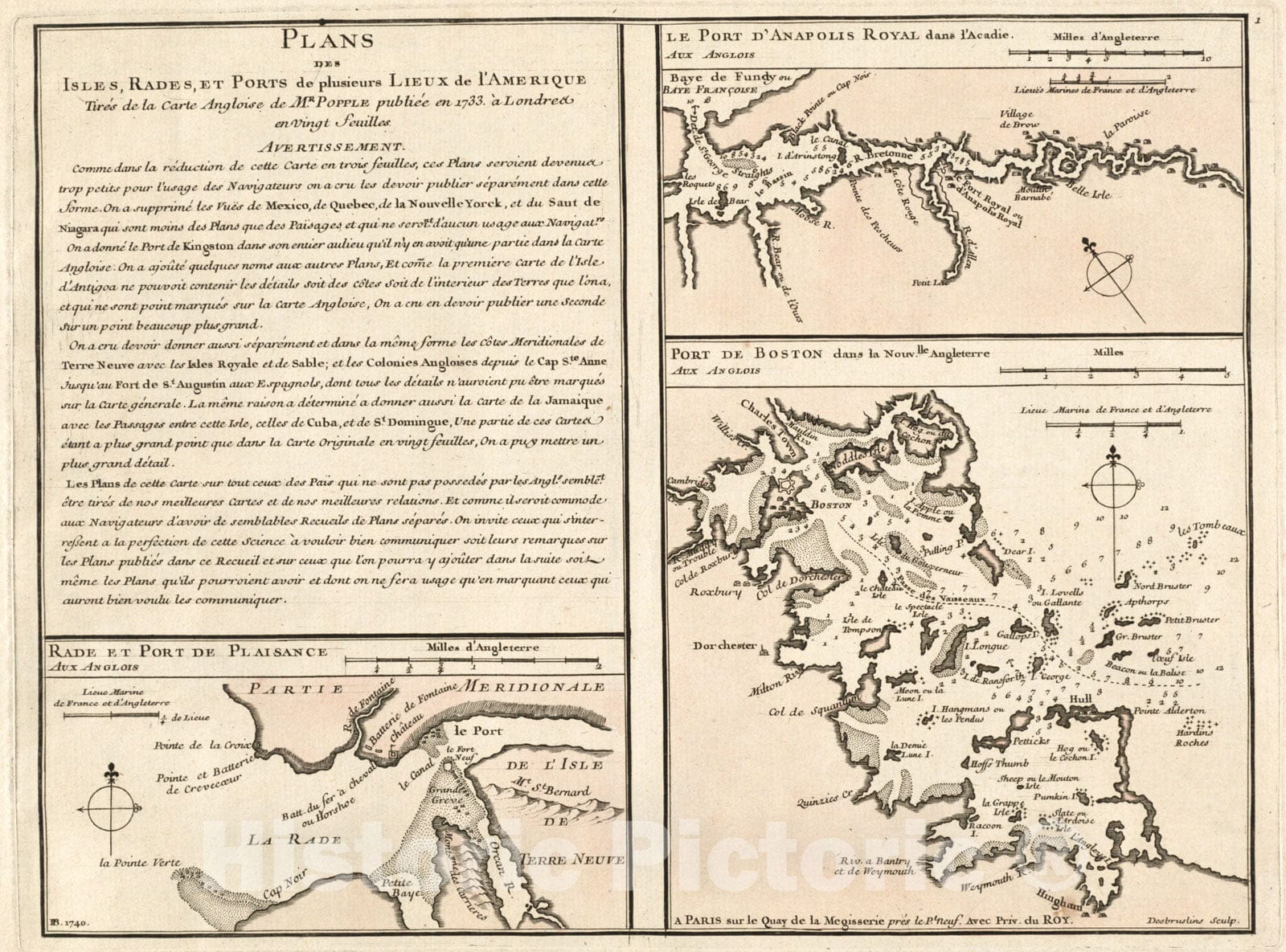 Historical Map, 1740 Rade et Port de Plaisance - Le Port d'Anapolis Dans l'Acadie - Port de Boston Dans la Nouvlle. Angleterre, Vintage Wall Art