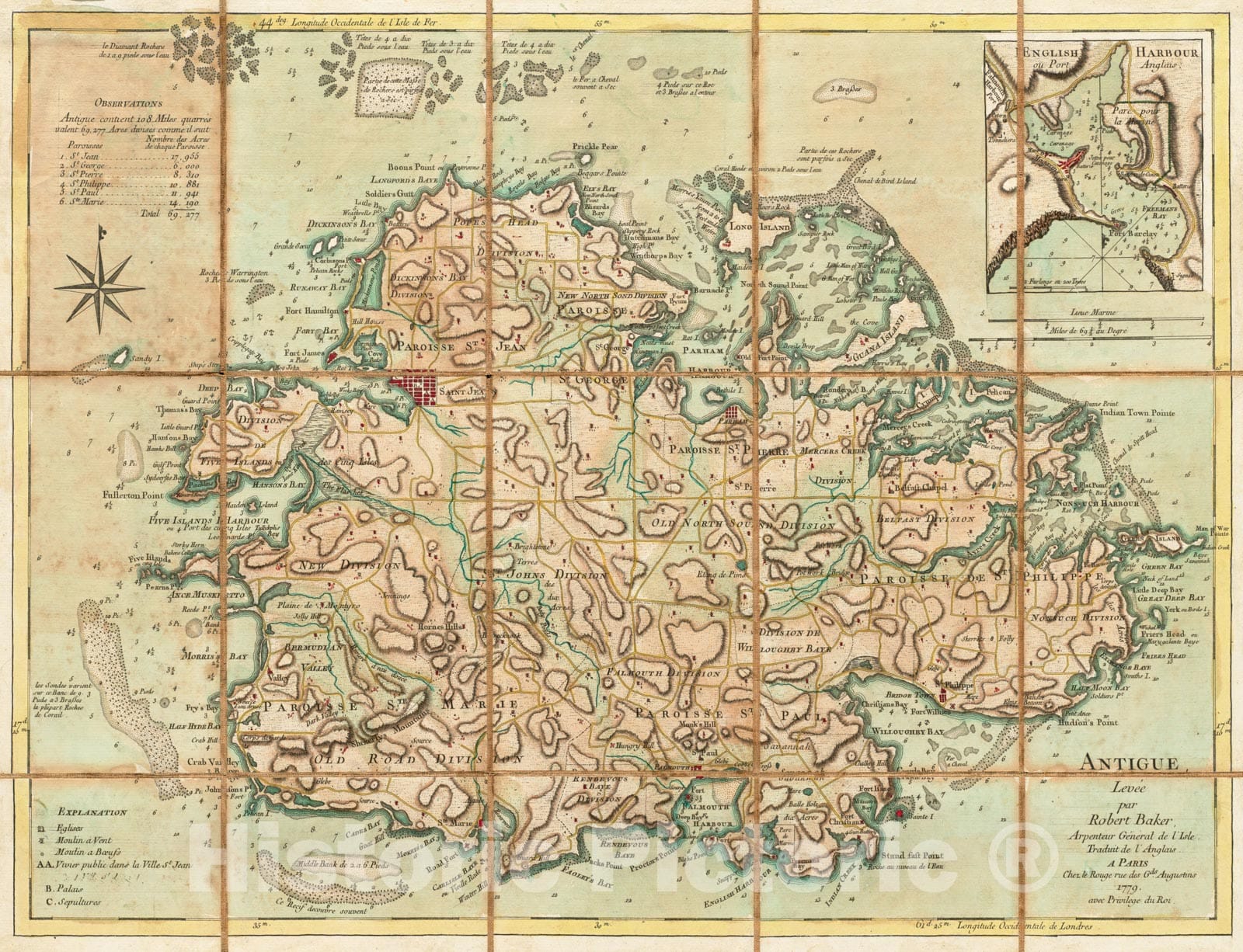 Historical Map, 1779 Antigue : levee par Robert Baker, Arpenteur General de l'Isle ; traduit de l'Anglais, Vintage Wall Art