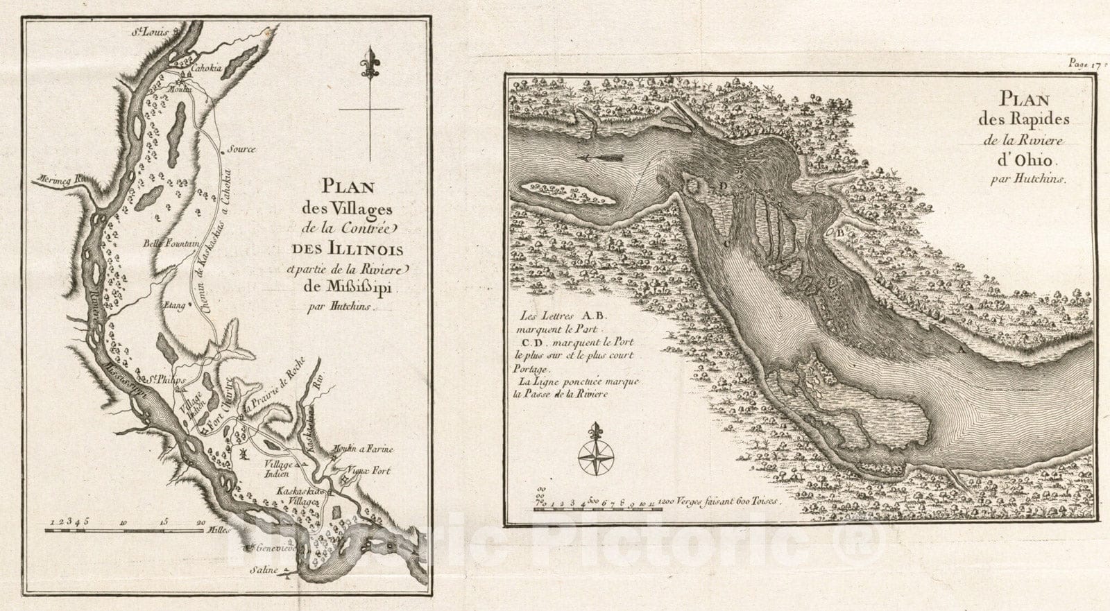 Historical Map, 1781 Plan des Villages de la contree des Illinois et Partie de la Riviere de Mississipi ; Plan des Rapides de la Riviere d'Ohio, Vintage Wall Art