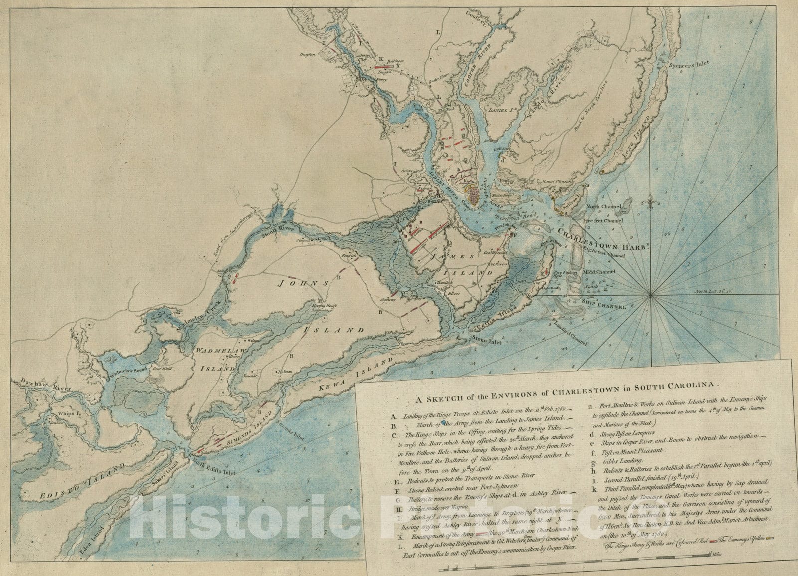 Historical Map, 1780 A Sketch of The Environs of Charlestown in South Carolina, Vintage Wall Art