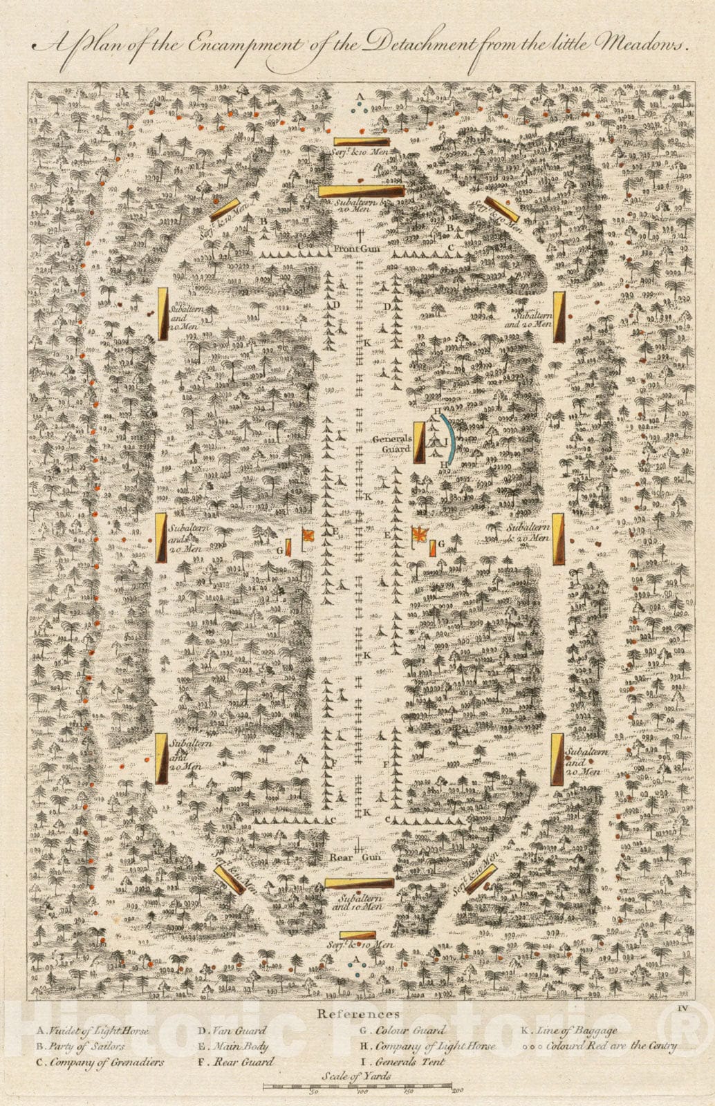 Historical Map, 1768 A Plan of the encampment of the detachment from the little Meadows, Vintage Wall Art
