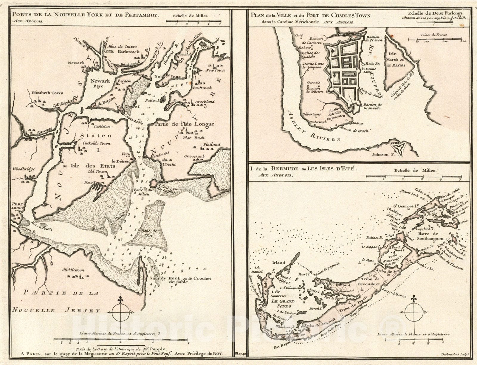 Historical Map, 1740 Ports de la Nouvelle York et de Pertamboy - Plan de la Ville et du Port de Charles Town Dans la Caroline Meridionale - I. de la Bermude ou Les Isles D'Ete Reprint
