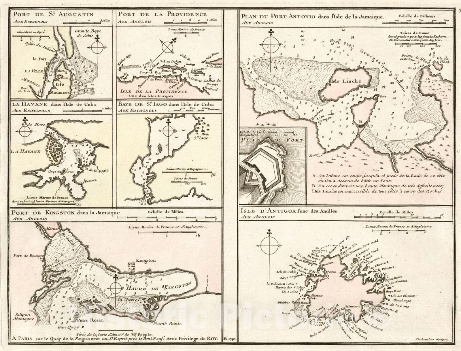 Historical Map, 1740 Port de St. Augustin - Port de la Providence - La Havane Dans l'isle de Cuba - Baye de Sn. Iago Dans l'isle de Cuba - Port de Kingston, Vintage Wall Art