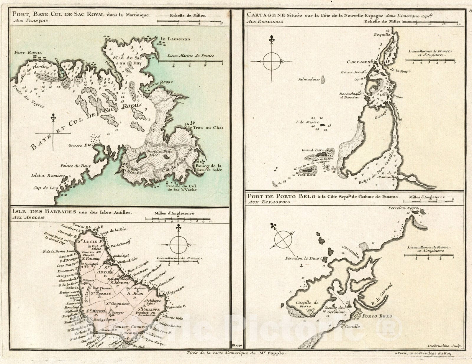 Historical Map, 1740 Port, baye cul de sac Royal Dans la Martinique - Isle des Barbades une des Isles Antilles - Cartagene situee sur le CAÂ´te de la Nouvelle Espagne, Vintage Wall Art