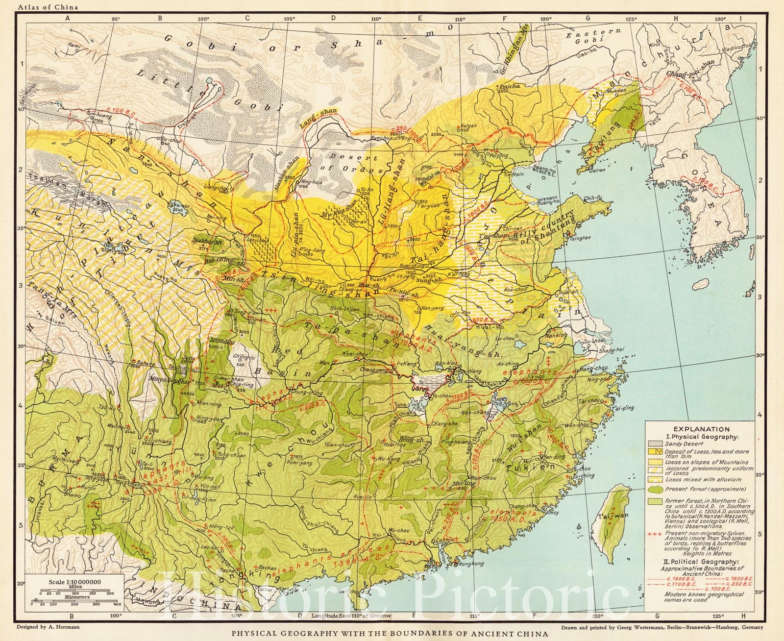 Historical Map, 1935 Physical Geography with The Boundaries of Ancient China, Vintage Wall Art