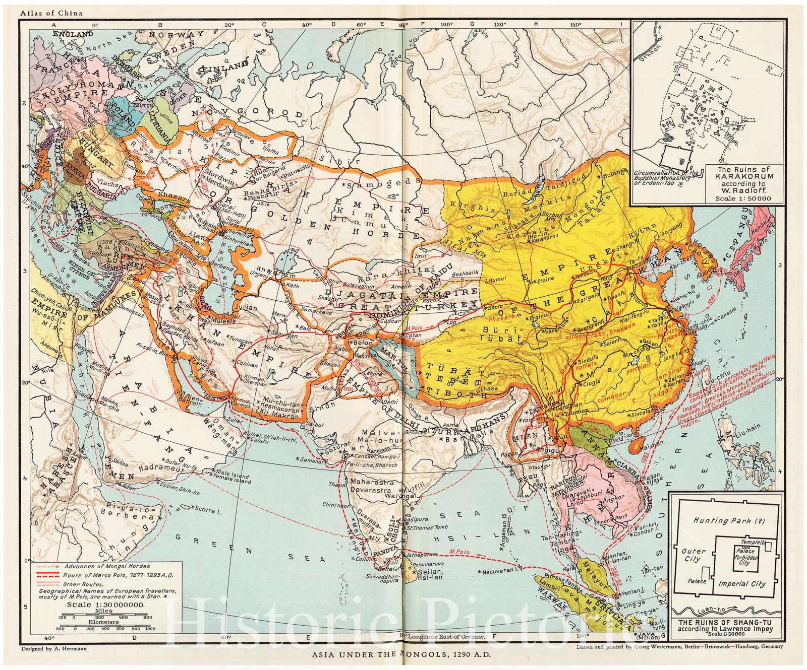 Historical Map, 1935 Asia Under The Mongols, 1290 A.D, Vintage Wall Art
