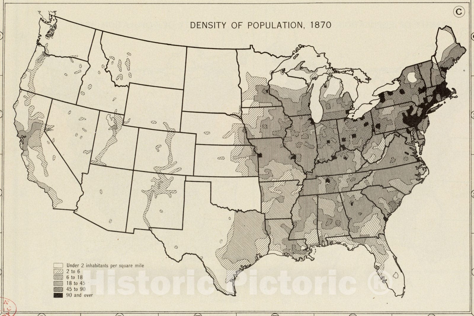 Historical Map, Density of population, 1870, Vintage Wall Art