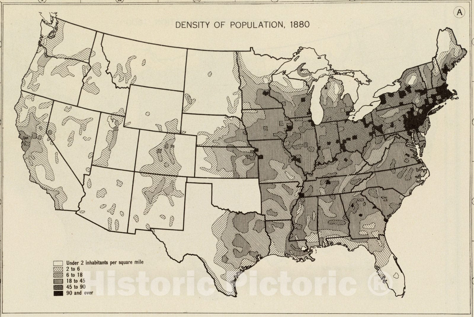 Historical Map, Density of Population, 1880, Vintage Wall Art