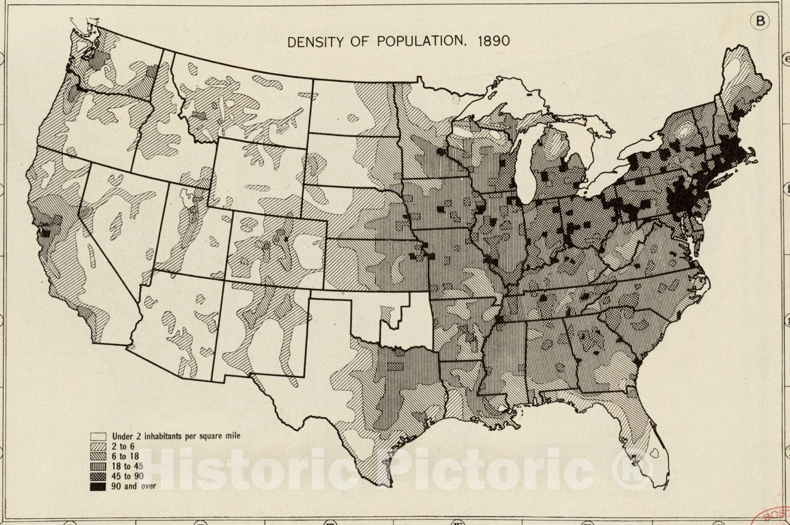 Historical Map, Density of Population, 1890, Vintage Wall Art