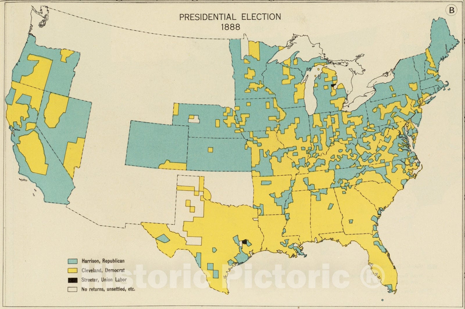 Historical Map, Presidential Election 1888, Vintage Wall Art