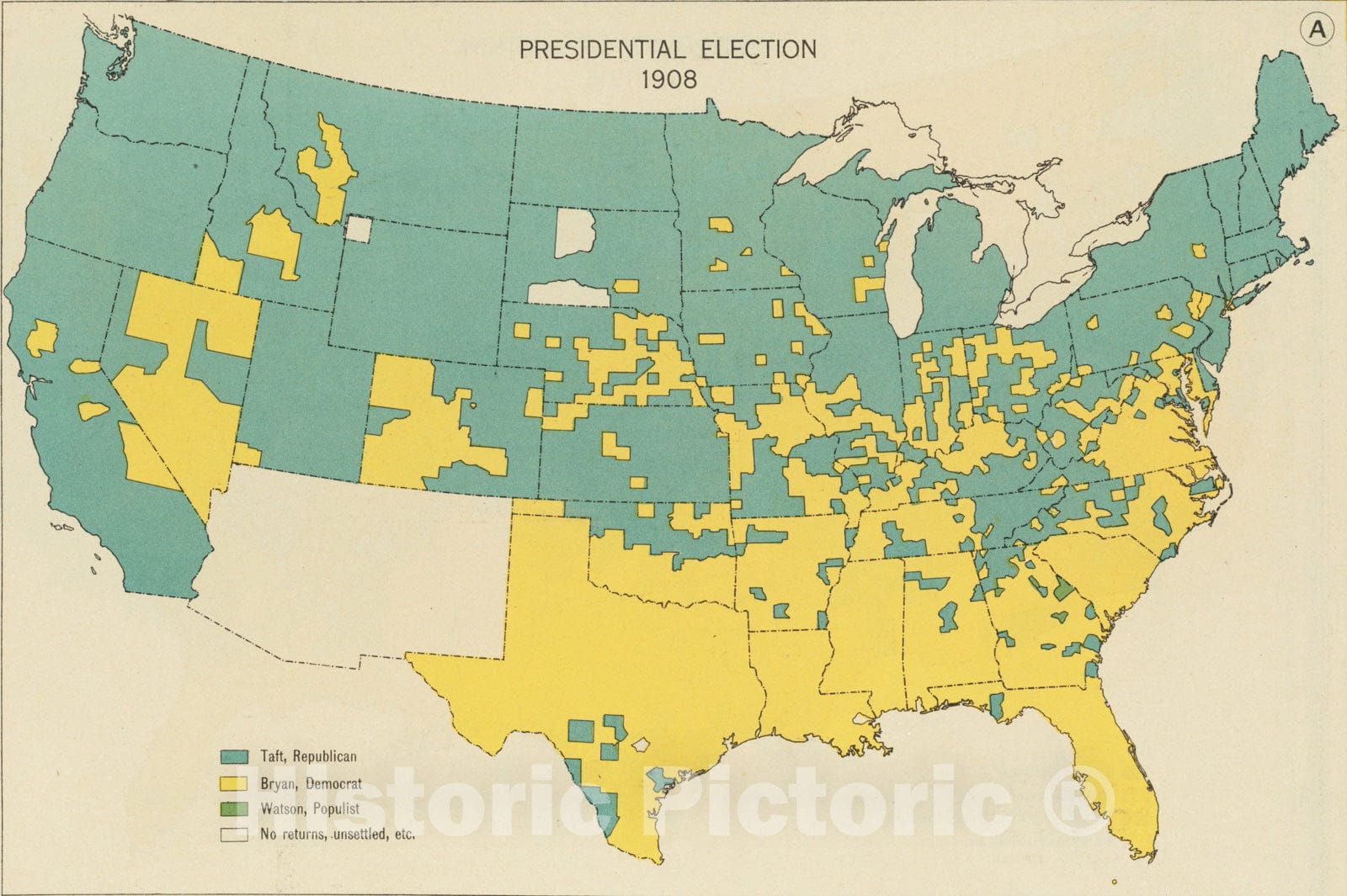 Historical Map, Presidential Election 1908, Vintage Wall Art