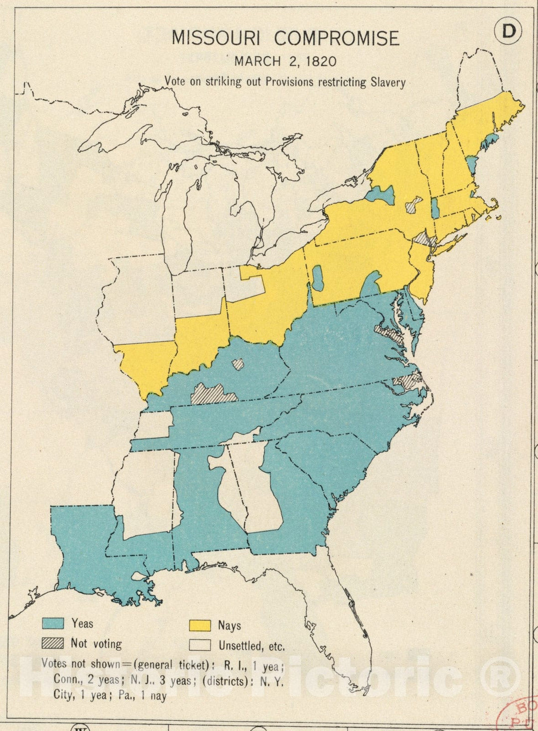 Historical Map, Missouri Compromise, March 20, 1820, Vote on Striking Out provisions restricting Slavery, Vintage Wall Art