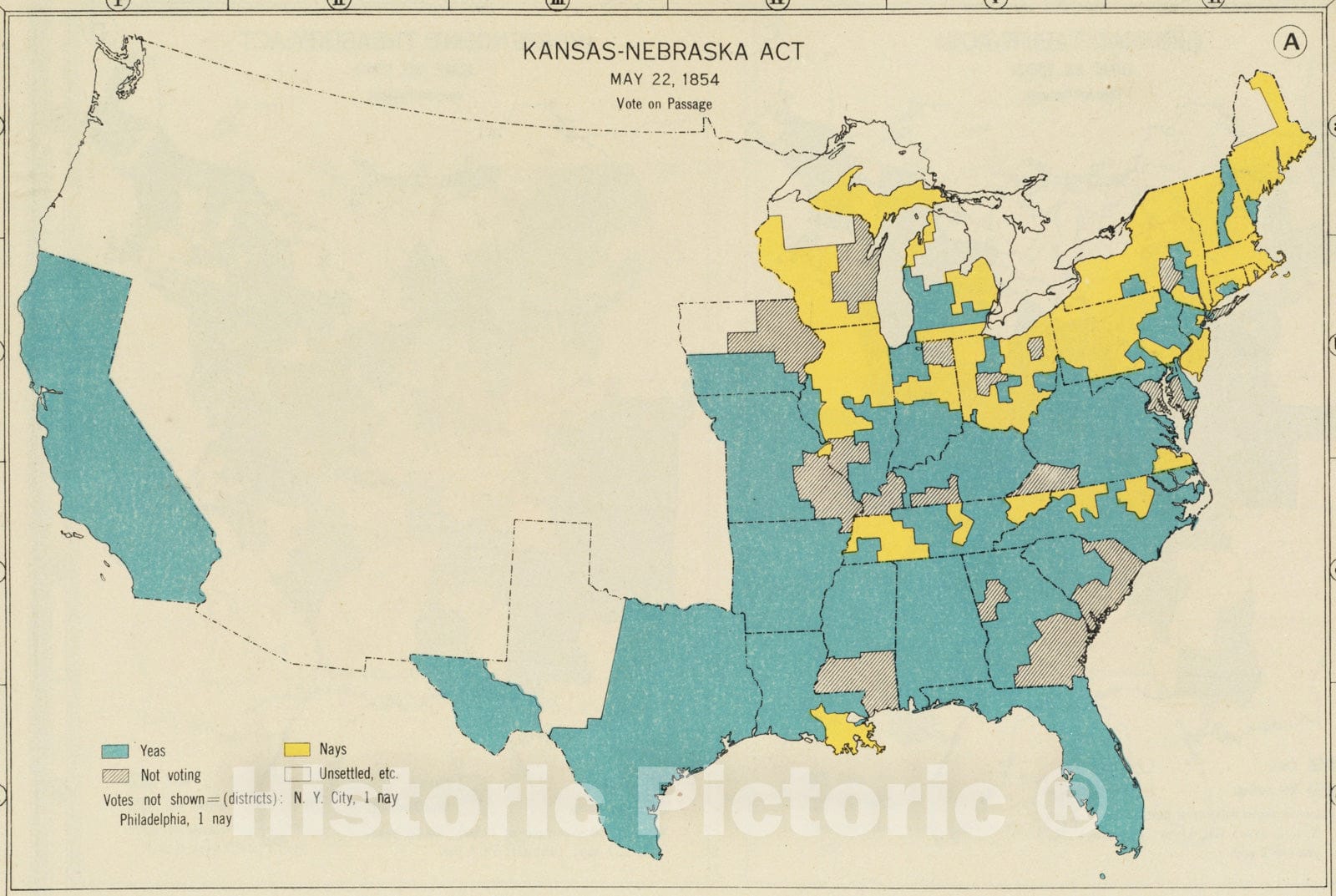 Historical Map, Kansas-Nebraska Act, May 22, 1854, Vote on Passage, Vintage Wall Art