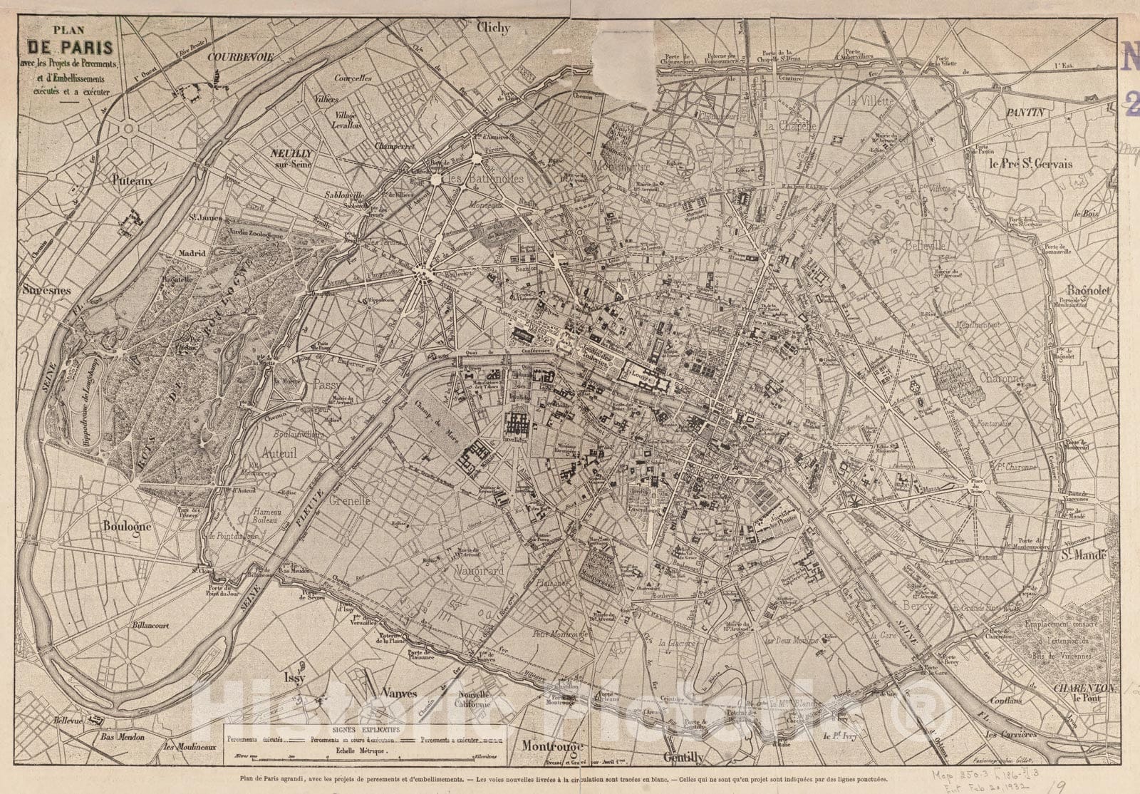 Historical Map, 1860-1869 Plan de Paris avec les projets de percements, et d'embellissements executes et a Executer, Vintage Wall Art