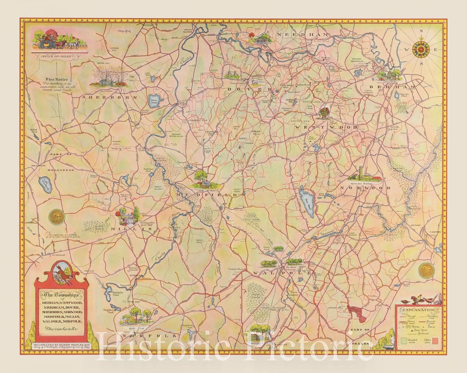 Historical Map, 1934 The townships of Dedham, Westwood, Needham, Dover, Sherborn, Norwood, Medfield, Millis, Walpole, Norfolk, Massachusetts, Vintage Wall Art