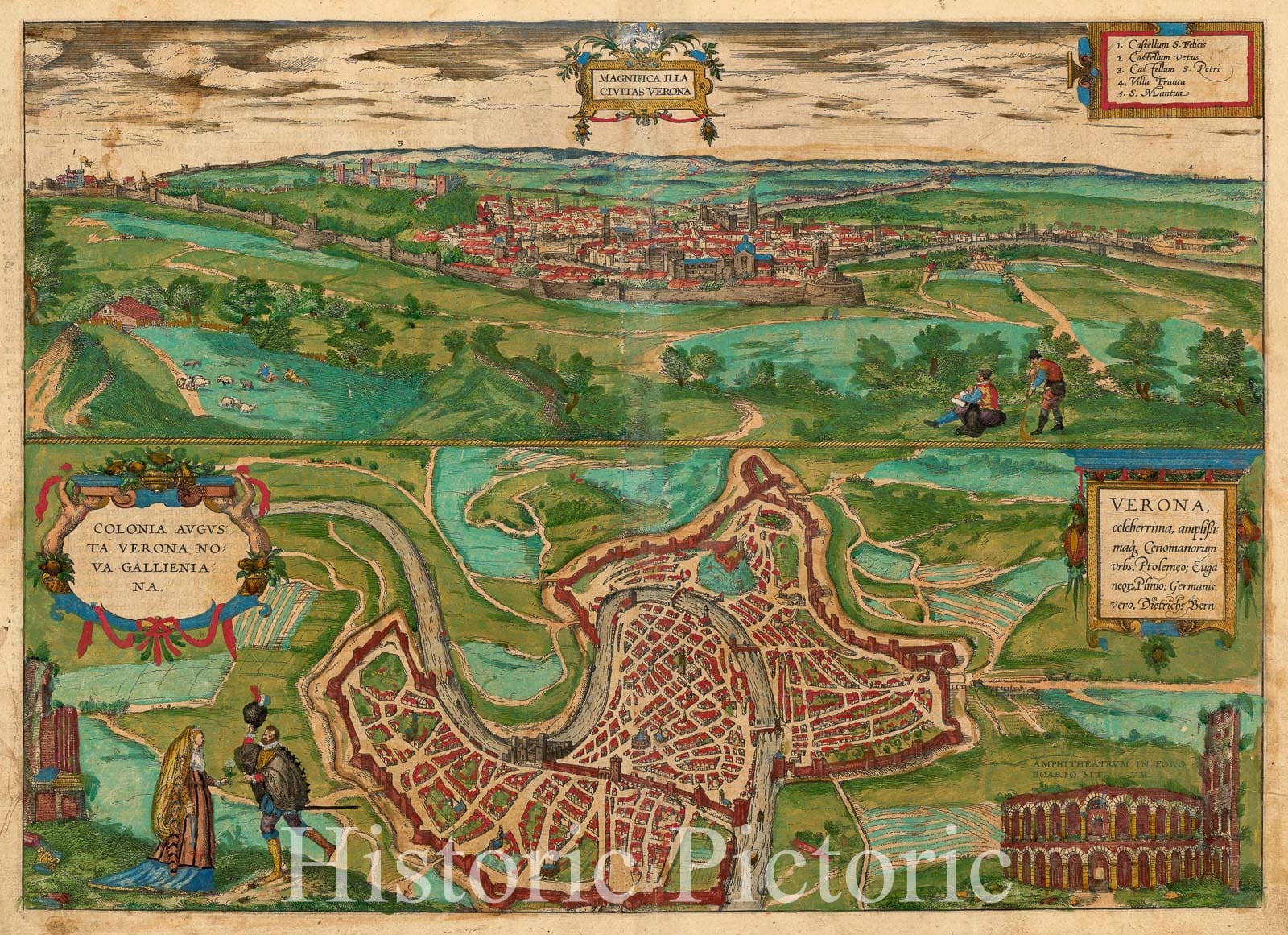 Historical Map, 1582 Magnifica illa civitas Verona ; Colonia Augusta Verona nova gallieniana, Vintage Wall Art