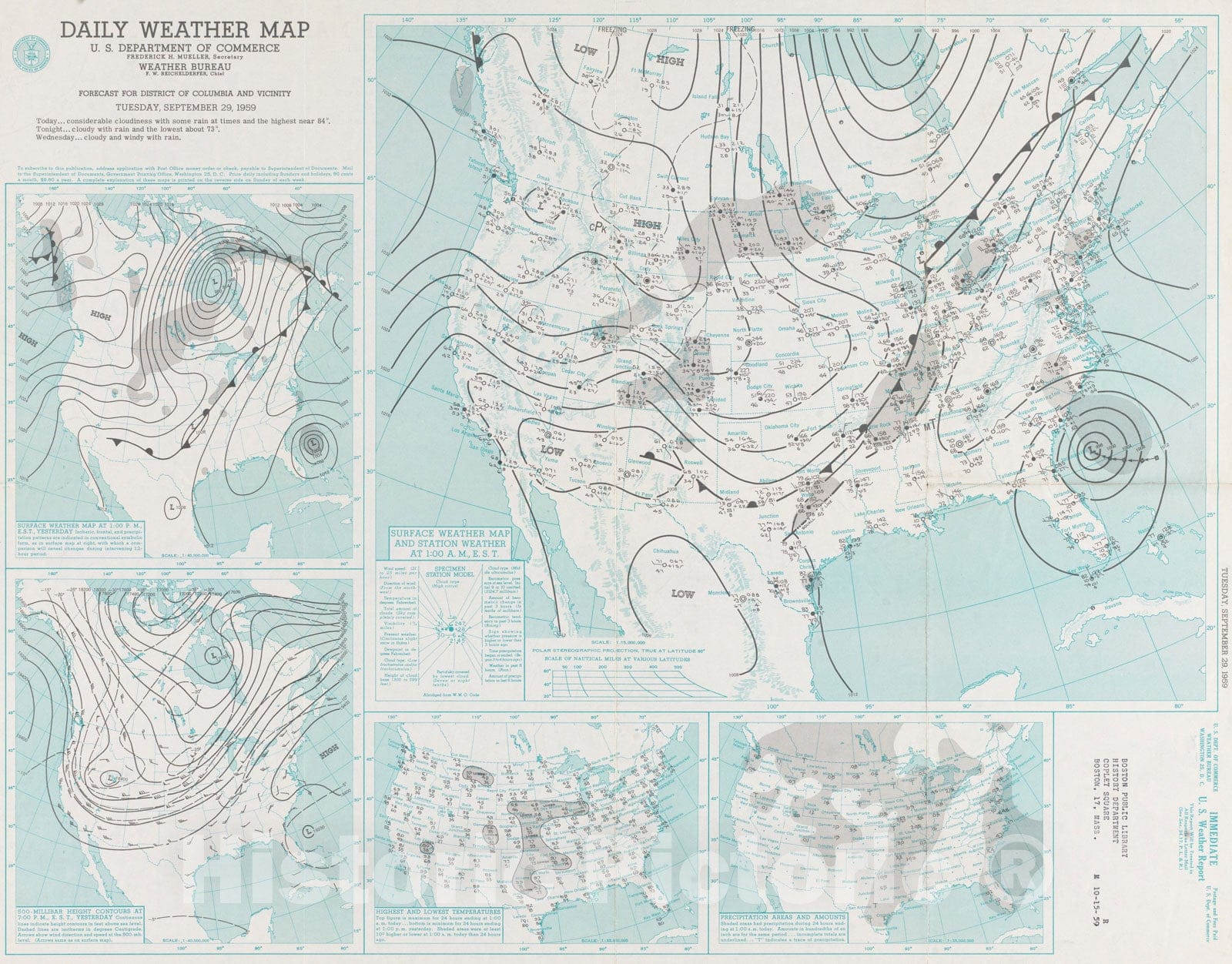 Historical Map, Daily Weather map : Tuesday, September 29, 1959, Vintage Wall Art