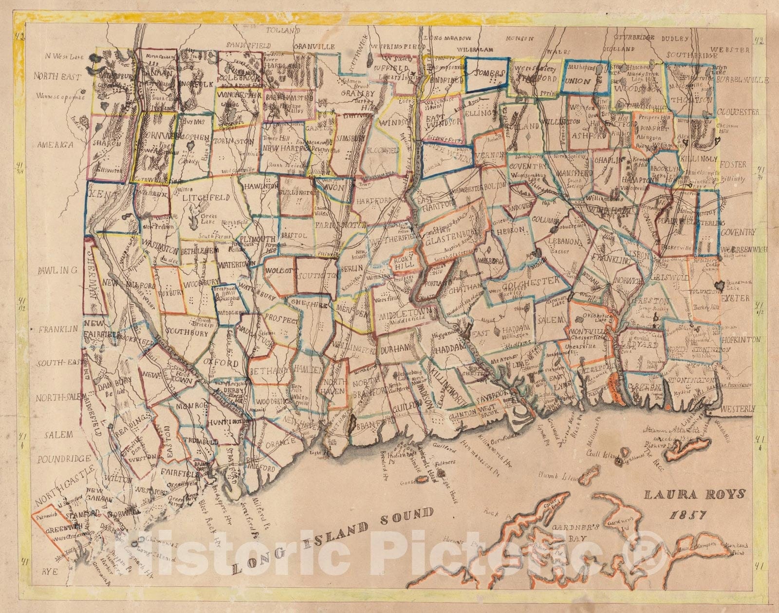 Historical Map, 1857 Connecticut, Vintage Wall Art