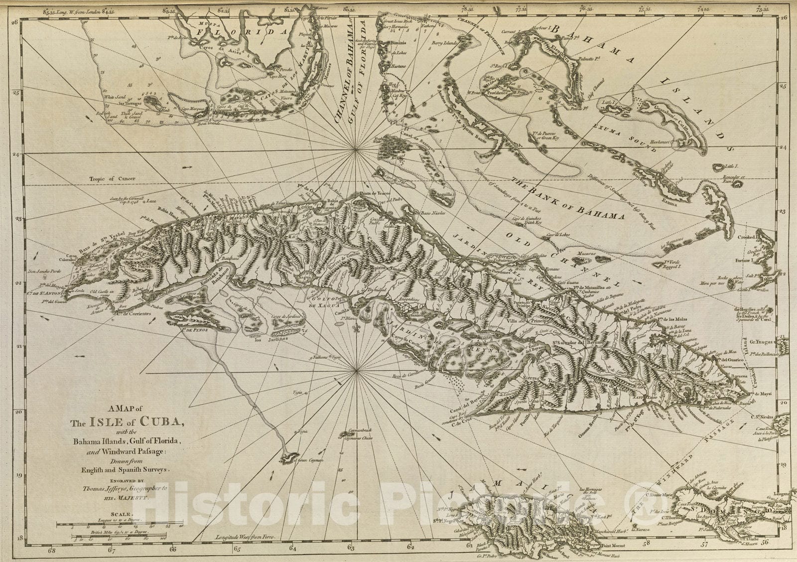 Historical Map, 1762 A map of The isle of Cuba : with The Bahama Islands, Gulf of Florida, and Windward Passage ; Drawn from English and Spanish surveys, Vintage Wall Art